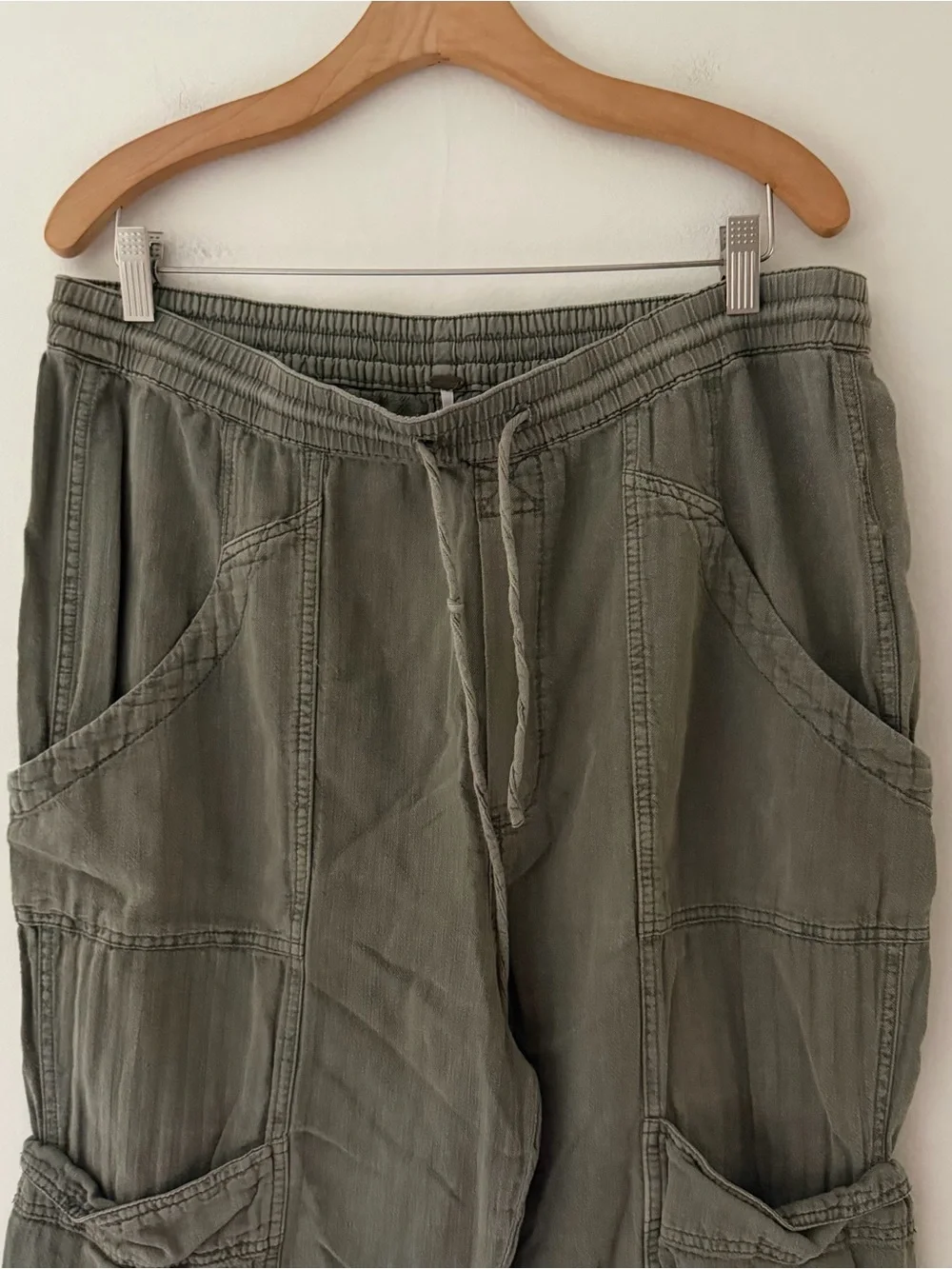 Free People Pants Feelin Good Utility Pull On Linen Blend Olive Green Size Larhe